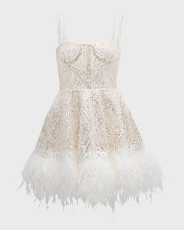 Mademoiselle Beaded Feather-Trim Mini Dress